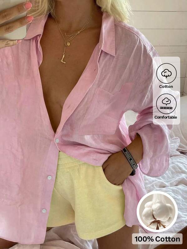 Look Polly Women's Solid Color Long Sleeve Shirt, Single Breasted Casual Fashion, Traceable Cotton Fall Women Clothes, Pocket Design, Back To School Clothes, Old Money Style Pink Top Women Christmas New Year Look Thanksgiving Shirt