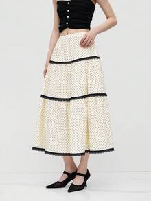 2026 Fall/Winter French Vintage MOOD WOOD High-Waisted Loose Mid-Length Polka Dot Skirt Lace Trim Patchwork Elastic Waist A-Line Skirt Commute & Date Chiffon Long Skirt - 黑色 - 查看 3