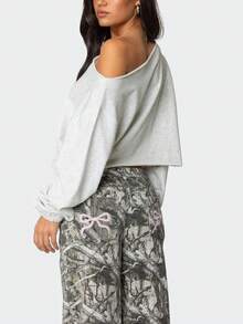 Womens Off Shoulder Sweatshirt Drop Shoulder Oversized Long Sleeve Pullover Top Going Out Y2k Shirts - Xám - Xem 2