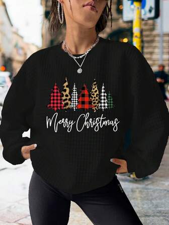Christmas Leopard Plaid Christmas Tree Women's Printed Casual Sports Waffle Sweater Autumn And Winter,Chinese New Year, Lunar New Year, Year Of The Year Of The Horse, Spring Festival,Happy New Year , Valentine's Day, Valentine's Gift, Valentine's Day Gift For Her, Valentine's Present