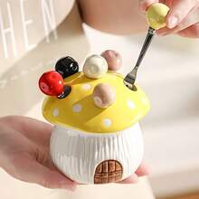 1 Set Of 7 Pieces With 6 Forks & 1 Base Ceramic Mushroom Shape Dessert Fruit Cake Fork Set With 304 Stainless Steel Forks - Suitable For Fruit, Dessert, Party Party Furniture Decoration, Christmas Gift Party Decoration