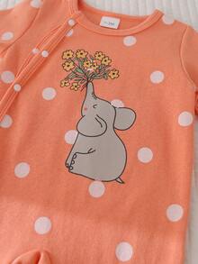 Autumn/Winter Baby Girls' Round Neck All-Over Allover Print White Polka Dot & Gray Cartoon Elephant Long Sleeve Footie Jumpsuit - Orange - View 4
