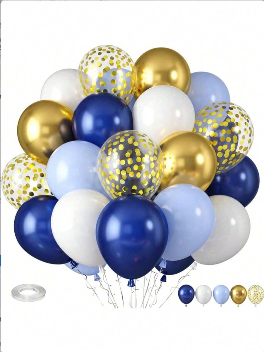 51/26PCS/Navy Blue And Gold Balloons, Blue And White Gold Balloons, Macaron Blue Pearl Navy Balloon, Golden Confetti Latex Balloon For Birthday Wedding Baby Shower Graduation Anniversary Engagement - Multicolor - View 1