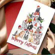 1pc Amusing Cat - Themed Xmas Card, "Merry Catmas" Festive Message, Paper Craft, Ideal For Family & Feline Fans, Quirky Christmas Decoration, Includes Envelope - Multicolor - View 10