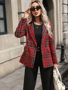 Chaqueta elegante de tweed rojo y verde navideño con cintura ceñida y botones dorados para uso diario, de doble botonadura a cuadros para mujer