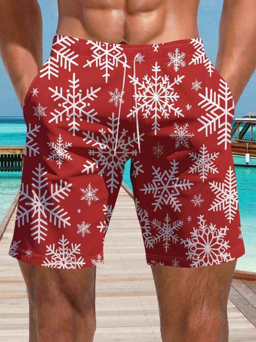 Christmas Men 3D Print Casual Beach Shorts - Quick Dry, Drawstring Waist, Perfect For Summer Outings