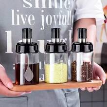3pcs Moisture-Proof Plastic Spice Jar With Lid, Kitchen Glass Spice Jars Seasonning Box Set Of 3 Condiment Containers With Spoons 10oz Transparent Sealed Kitchen Bottles For Storage Spices, Christmas Party Supplies, Family Dinner - 3 cái - Xem 2