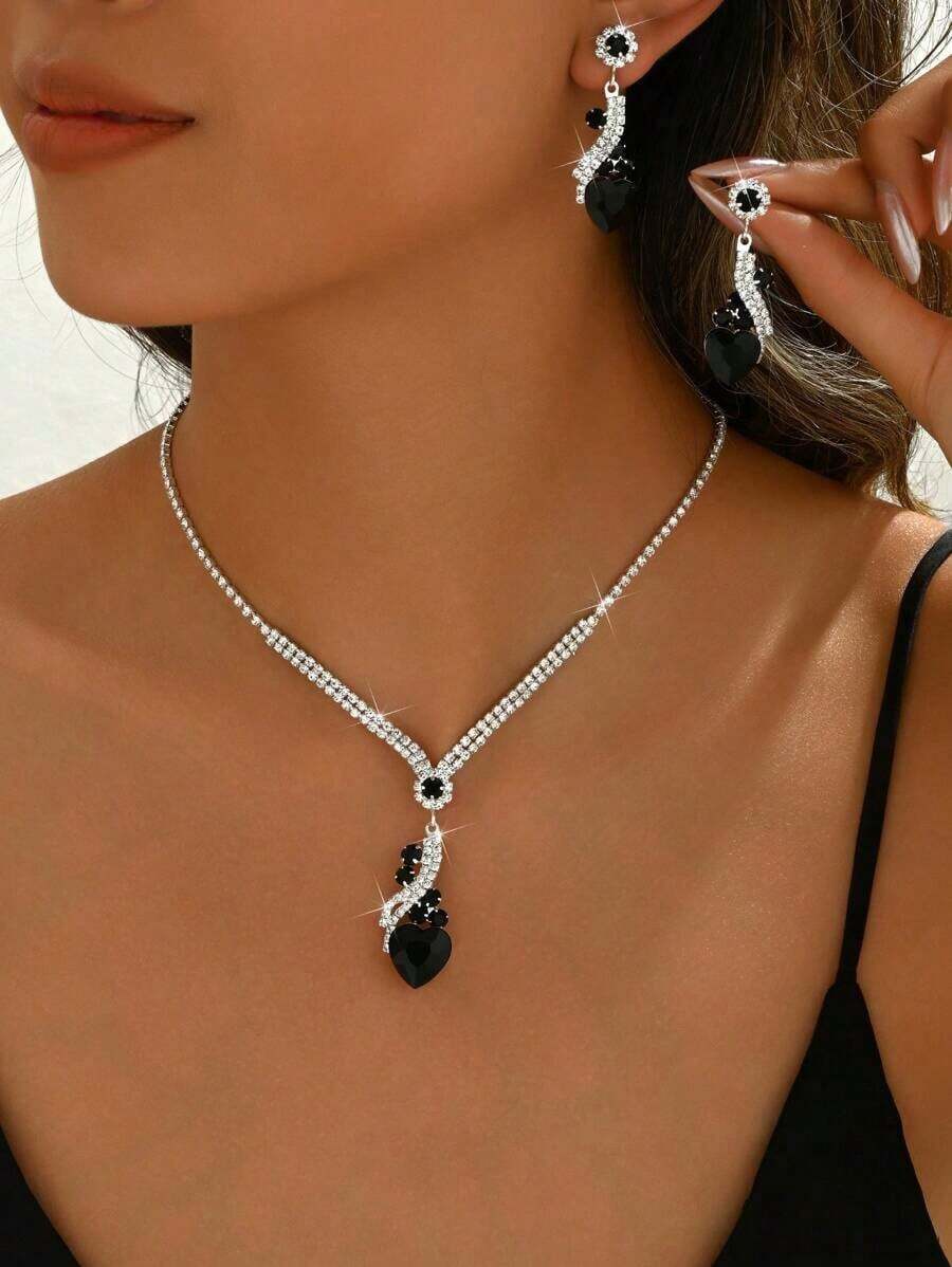 3pcs/Set Women's Wedding Jewelry Set – Heart Shaped Necklace And Earrings, Elegant Bridal Accessories Perfect For Weddings, Thanksgiving, Special Occasions, And Gifts – Stylish And Sparkling Jewelry Suit For Brides And Bridesmaids - màu xanh lá - Xem 1