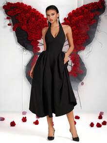 Vestido de Festa Elegante com Decote em V no Pescoço, Sem Mangas, Cintura Alta, Amarração Nas Costas, Saia Longa Midi para Baile de Formatura, Casamento, Festa, Encontro, Coquetel, Aniversário, Festival, Família - Preto - Visão 3