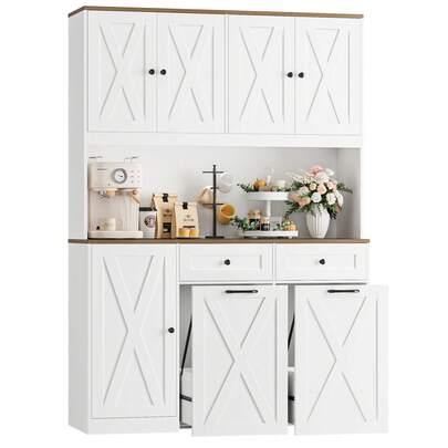 71"H Kitchen Trash Can Cabinet, 12.5 Gallon Double Pull Out Garbage Can Hutch Cabinet With Trash Bin Storage Holders, 47" Wide Kitchen Pantry With Hidden Garbage Storage For Dining Room, White