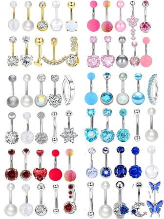 10pcs 14G Belly Button Ring Stainless Steel CZ Stone Belly Piercing Jewelry For Women Crop Clicker Navel Rings Pink Blue Flower Body PiercingJewelry Set