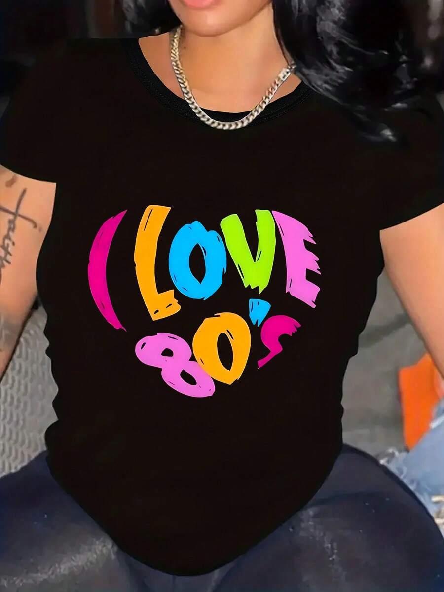 Women's Plus Size "I Love The '80s" Graphic T-Shirt - Casual Short Sleeve, Stretchy And Comfortable, Vivid Colorful Print, Easy Care Polyester Blend, Suitable For Spring And Summer, Casual Summer Wear |   Infrared Color Clothing |   Elastic Texture, Women's T-Shirt Unisex Plus Size T Shirts - 黑色 - 查看 1