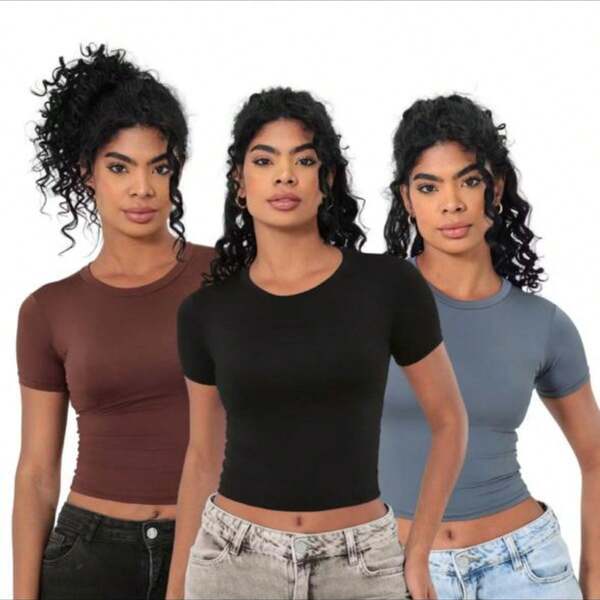 KIT 3  JUSTINHA Blusa Slim Fit Manga Curta Baby Tee Feminina - Tecido Romantic 92% Poliéster 8% Elastano - Modelagem Justa ao Corpo - KIT 3 Cores Disponíveis