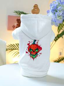 1pc Pet Clothes, Dog/Cat Apparel, New Hooded Sweatshirt, Halloween Series, Flame Skull Design, White