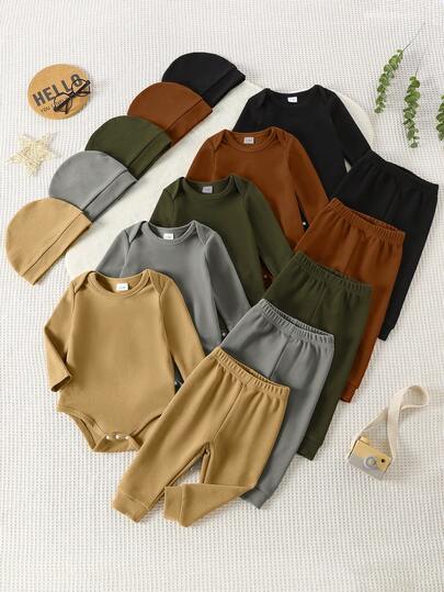 5套（10件）男婴休闲纯色柔软舒适提花针织长袖连体衣和裤子套装，适合户外穿着，秋冬季