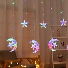 Eid LED Vorhang Lichter - Innen/Außen funkelnde Sterne & Monde USB/Batterie betrieben Fenster Wand Dekoration, Feiertags Party Deko (6 Monde & Sterne LED Lichter) - Farblicht - Übersicht 10