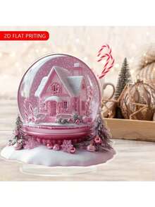 2D Flat, 1pc Elegant Pink Snowflake Candy House Christmas Decor - Winter Cottage In Crystal Ball With Candy Cane - Acrylic Desktop Decoration, Suitable For Home, Office, Holiday Party - Perfect Christmas Gift Decor, Holiday Scene Design, Cane Pattern, 2D Flat