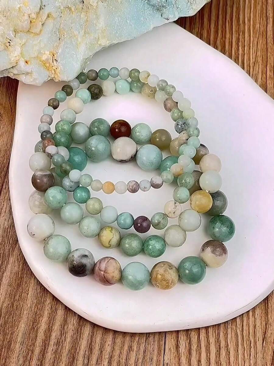 4pcs Set Boho Chic Natural Stone Amazonite Bead Stretch Bracelets, Boho Vacation Style, May Birthstone, No Plating, Perfect For Daily Wear & St. Patrick's Day