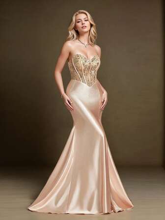 Classic Mermaid Beaded Prom Evening Dress Sweetheart Neck Strapless Lace Up Homecoming Party Dress