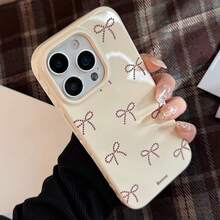 1pc Small Pink Bow & Blue Lace Bow Decor Phone Case Compatible With Apple - Beige - View 2
