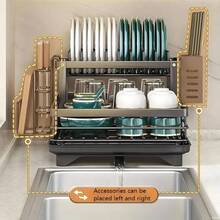 Dish Drying Rack, Dish Racks For The Kitchen Worktop, Adjustable Two-Tier Dish Rack With Draining Board And Cutlery Holder - màu đen - Xem 7