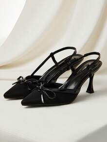 夏季优雅女士黑色尖头蝴蝶结高跟凉鞋，坡跟猫跟闭趾凉鞋，圣诞冬季圣诞礼物 - 黑色 - 查看 1
