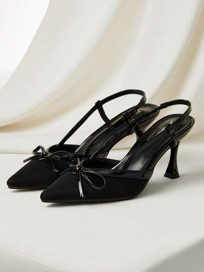 Summer Elegant Women's Black Pointed Toe Bowknot High Heel Sandals, Wedge Kitten Heel Closed Toe Cuccoo Shoes Winter Gifts