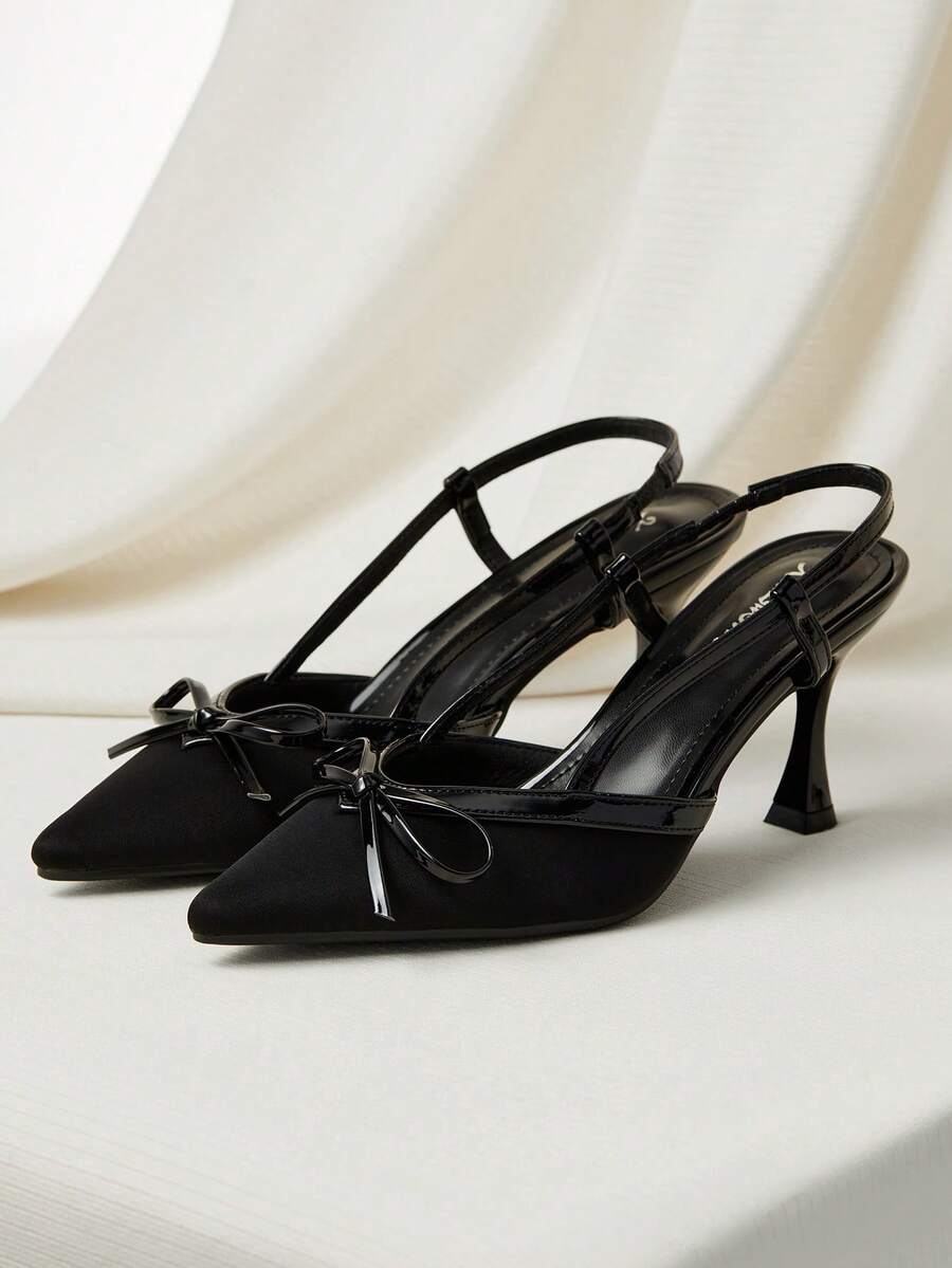 夏季优雅女士黑色尖头蝴蝶结高跟凉鞋，坡跟猫跟闭趾凉鞋，圣诞冬季圣诞礼物 - 黑色 - 查看 1