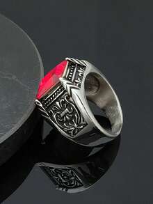 1枚欧美流行手工高品质男士316不锈钢红石戒指 - 紅色 - 查看 3