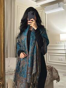 1件装女士时尚保暖腰果图案印花围巾，经典佩斯利花纹头巾和披肩，可搭配长袍和连衣裙 - 深湖藍 - 查看 3