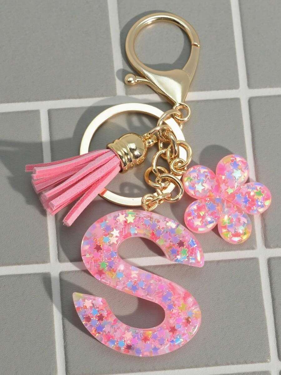 1pc Pink Sequin Letter Keychain Resin Pendant Keyring With Flower Tassel Decoration, Suitable For Women, Friends, Classmates As A Decoration, Fashionable And Creative Design Birthday Accessory, Bag Charm, Women's Fashion Jewelry, Metal Keychain, Creative Christmas Gift Ideas Bag Charms Car Accessories Teacher Sister - Pink - View 1