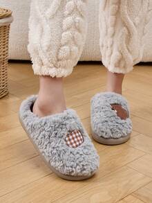 Cartoon Winter Women's House Slippers, Warm Plush Cute Dog, Bedroom Couple Shoes, Embroidered Uppers, Grey Men's Slippers