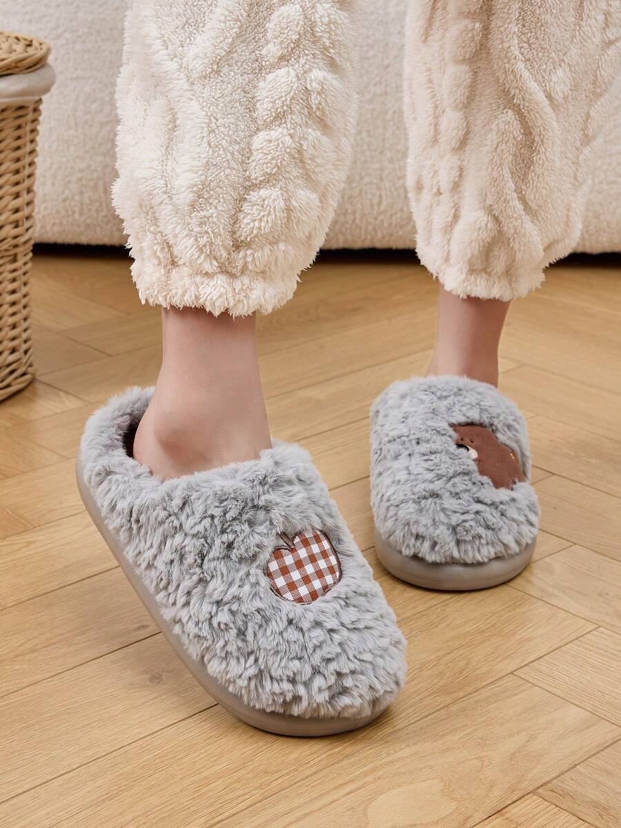 Cartoon Winter Women's House Slippers, Warm Plush Cute Dog, Bedroom Couple Shoes, Embroidered Uppers, Grey Men's Slippers
