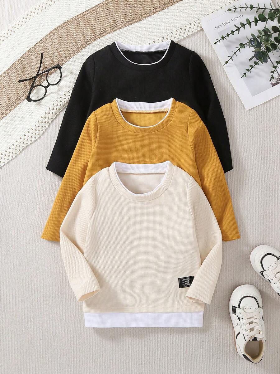 3 件套幼儿男童休闲舒适日常穿着字母和华夫格图案长袖 T 恤套装，春秋