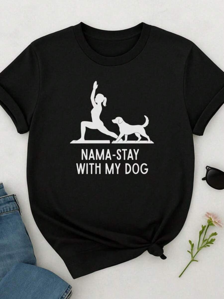 Doga Shirt Nama Stay With My Dog Tee Yoga Dog Lover Graphic Shirt Funny Yoga Dog Shirt Mindful Pet O - màu đen - Xem 1