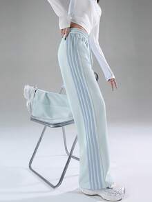 4-Stripe Mist Blue Patchwork Elastic Waist Casual Slim Fit Sports Pants For Women, Spring/Autumn/Winter - 1A67 Haze Blue Spelling Blue - View 8