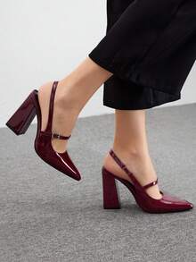 Tacones altos con punta puntiaguda y tacón grueso de color sólido para mujer, elegantes e informales, adecuados para la vida diaria y las citas. - Rojo - Ver 2