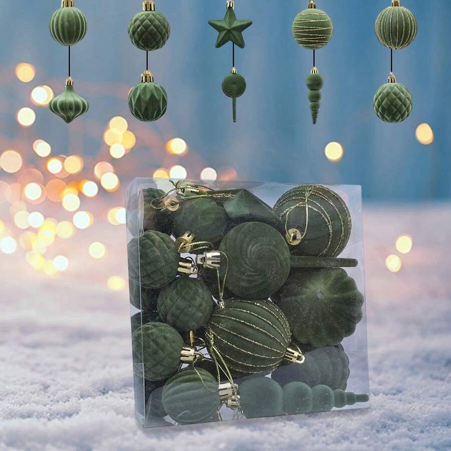 24Pcs Multi Color Plush Christmas Ball Pendant Set Creative Flocking Christmas Ball Hanging Decoration - 橄欖綠 - 查看 1