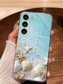 1pc Blue Ocean Pearl Shell Starfish Seashell Transparent Soft Phone Case Compatible With Samsung Galaxy A04e/12/A13/A14/A34/A50/A52/A53/A54/S21/S22/S23/S24/S25/S25Ultra