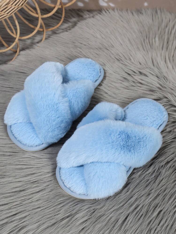 Women's Criss-Cross Faux Fur Slippers, Oversized Rabbit Fur Fashionable Cross-Border Slippers - Blue - View 5