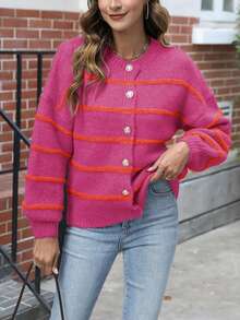Womens Striped Cardigan Sweaters Casual Open Front Long Sleeve Button Down Knit Outwear - Hot Pink - View 3