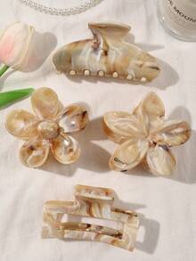 4 قطع مشابك شعر مربعة على شكل زهرة الأقحوان ذات نمط رخامي بني فاتح من مادة ABS، إكسسوارات شعر أنيقة للشاطئ والربيع والصيف والخريف والشتاء، مناسبة للملابس الصيفية للنساء - متعدد الألوان - مشاهدة 4