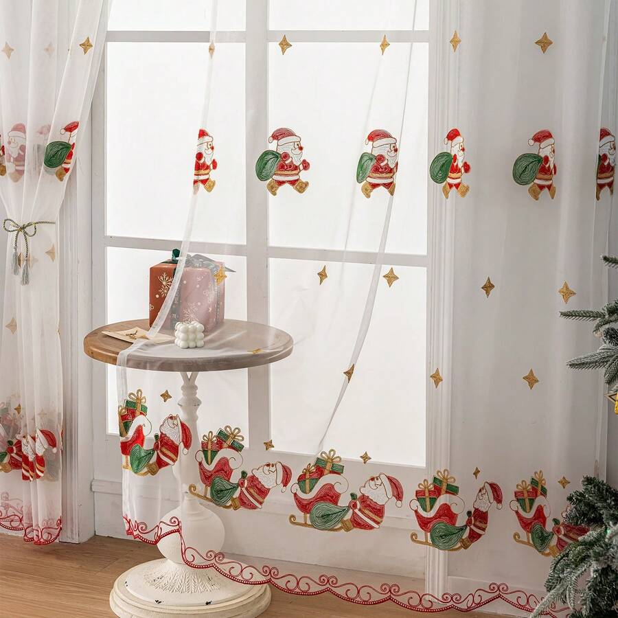 1pc Christmas American Style Santa Claus Embroidered Sheer Curtain Decor - Multicolor - View 1