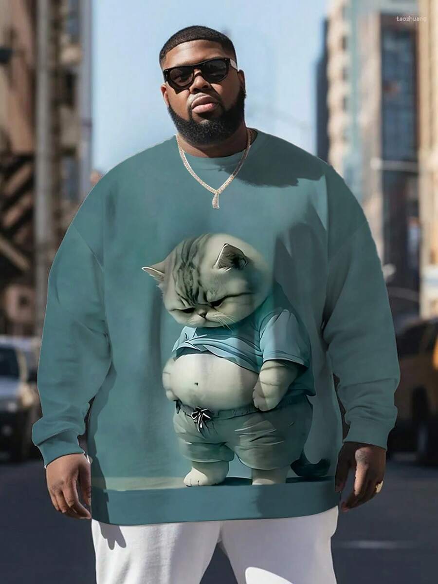 Sudadera con estampado de gato de barriga triste para hombres de talla grande, sudadera con capucha de cuello redondo minimalista casual, versátil para uso diario, deportes al aire libre y citas, sudadera de talla grande