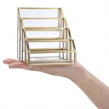 4 Slots Glass Business Card Holder For Desktop, Golden Mirrored Business Card Display Stand, Multiple Clear Business Name Card Organizer Holder For Office Exhibition - Gold - View 6