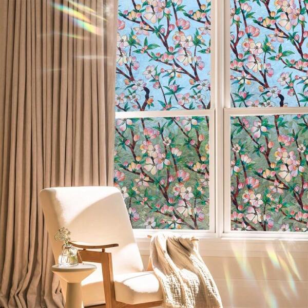 Window Privacy Film Rainbow Pink Floral Window Clings 3D Drative Vinyl Stained Glass Cherry Blossom Flower Branch Decals Static Sticker Non-Adhesive, 15.75 X 40 Inches,17737113