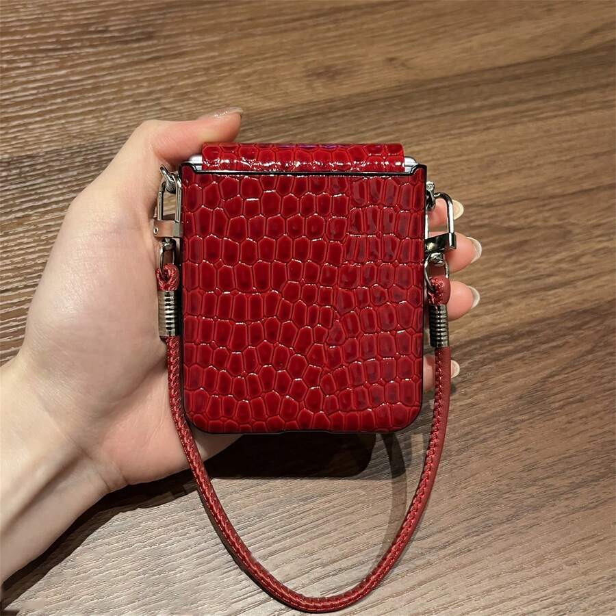 奢华韩式酒红色鳄鱼纹手机壳，配真皮防丢挂绳，兼容三星 Galaxy Z Flip 7、Z Flip 6、Z Flip 5、Z 系列，防震后盖 - 酒紅 - 查看 1