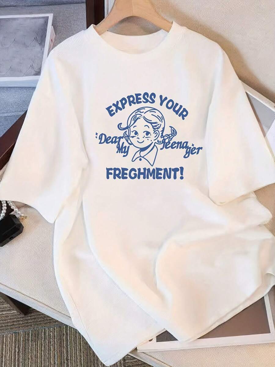 Camiseta Versátil De Verano 2025, Cuello Redondo Y Suelto, Cómoda Y Casual, Con Mangas Cortas, Sin Cinturón, Sin Relleno, Con Estampado "EXPRESS YOUR DRAKE" Para Uso Diario. - Blanco - Ver 1