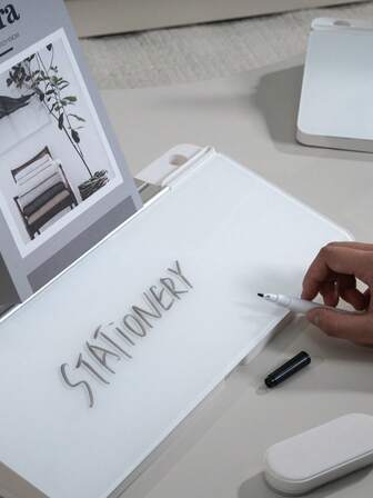 1 st minimalistisk vit förvaringslåda för kontorsmaterial, kan användas både som skrivtavla och organisatör, med stativ, inkluderar whiteboardpenna och suddgummi