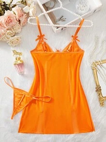 Conjunto de lencería de dormir con vestido de malla con abertura y tanga con lazo de encaje semitransparente y sexy para mujer - Naranja - Ver 2